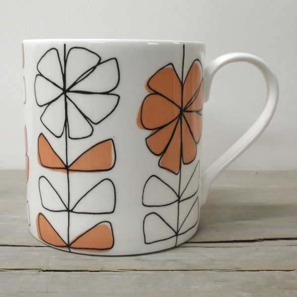 Contemporary English Fine Bone China Floral linear open bright coloured mug w/black overlay