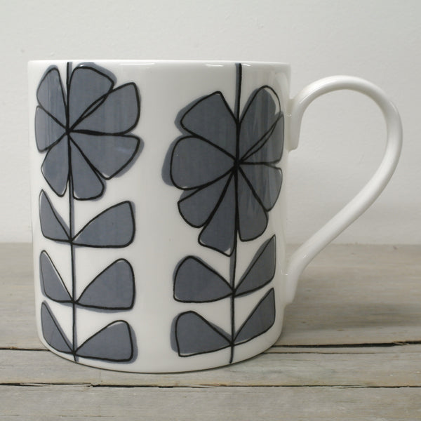 Contemporary English Fine Bone China Floral linear bright coloured mug w/black overlay